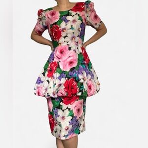 Vintage 80s Floral Puff Sleeve Peplum Dress – Alamode size 9/10